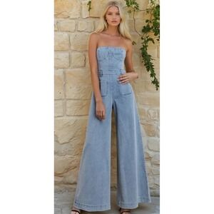 Wisteria Lane Strapless Denim Jumpsuit Wide Leg Palazzo Tube Top Y2K Medium